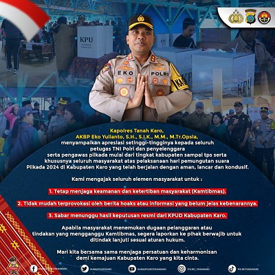Kapolres Tanah Karo Apresiasi Pilkada yang Aman dan Kondusif Kapolres Tanah Karo Apresiasi Pilkada yang Aman dan Kondusif